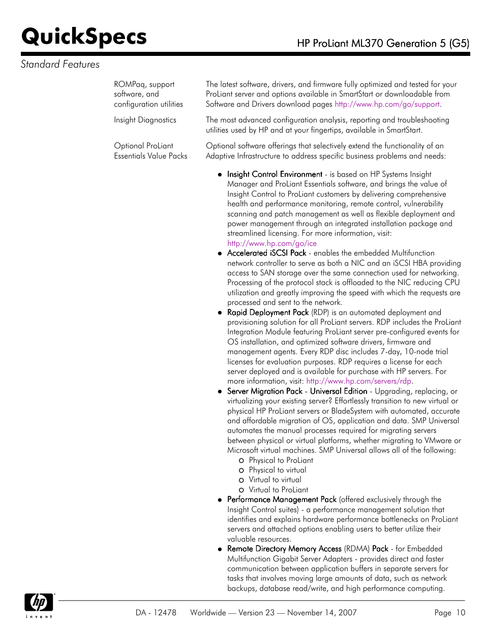 Quickspecs | HP ProLiant ML370 G5 User Manual | Page 10 / 46