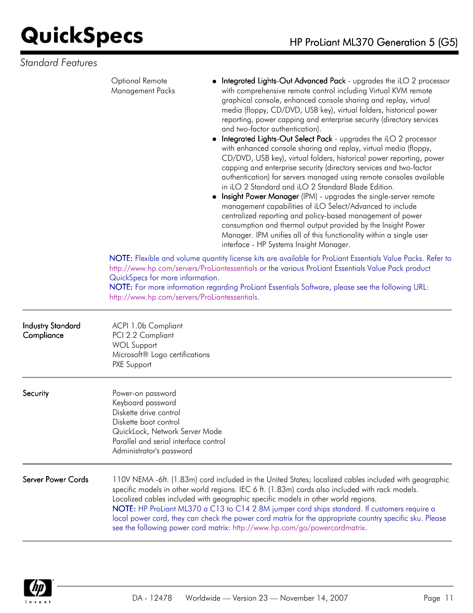 Quickspecs | HP ProLiant ML370 G5 User Manual | Page 11 / 46
