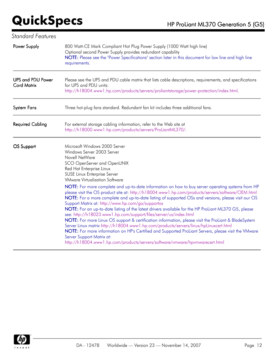 Quickspecs | HP ProLiant ML370 G5 User Manual | Page 12 / 46