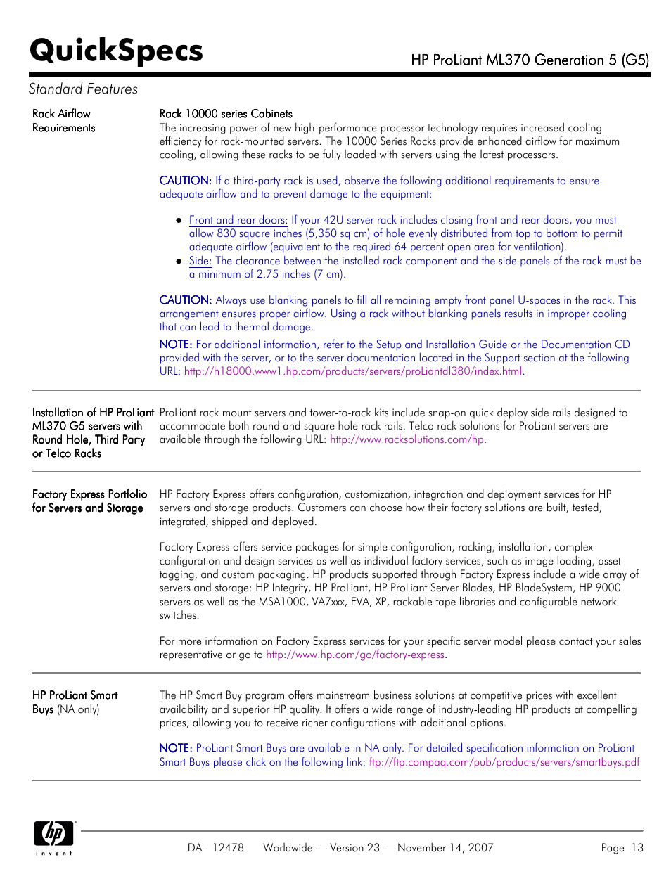 Quickspecs | HP ProLiant ML370 G5 User Manual | Page 13 / 46