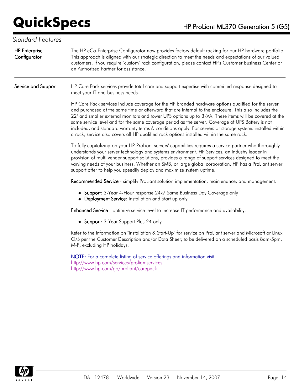 Quickspecs | HP ProLiant ML370 G5 User Manual | Page 14 / 46