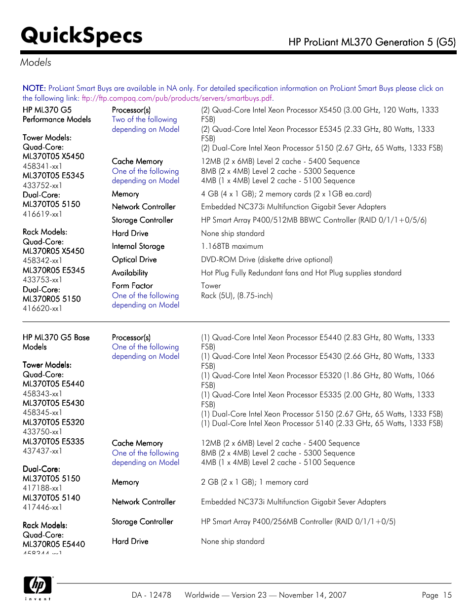 Models, Quickspecs | HP ProLiant ML370 G5 User Manual | Page 15 / 46