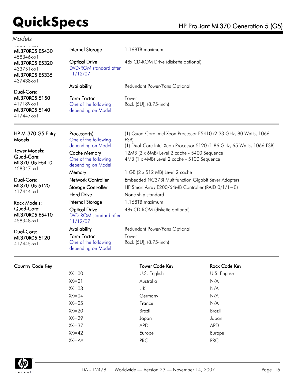 Quickspecs | HP ProLiant ML370 G5 User Manual | Page 16 / 46