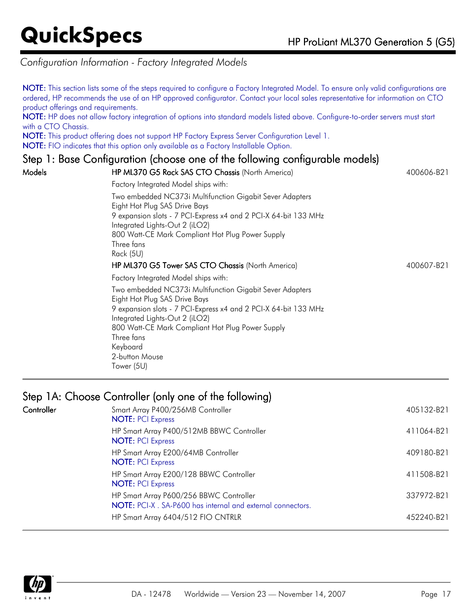 Quickspecs | HP ProLiant ML370 G5 User Manual | Page 17 / 46