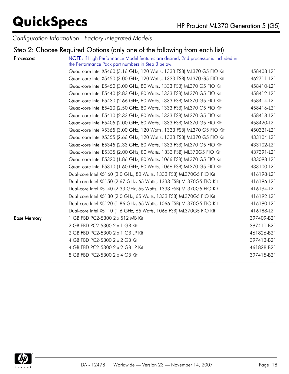 Quickspecs | HP ProLiant ML370 G5 User Manual | Page 18 / 46