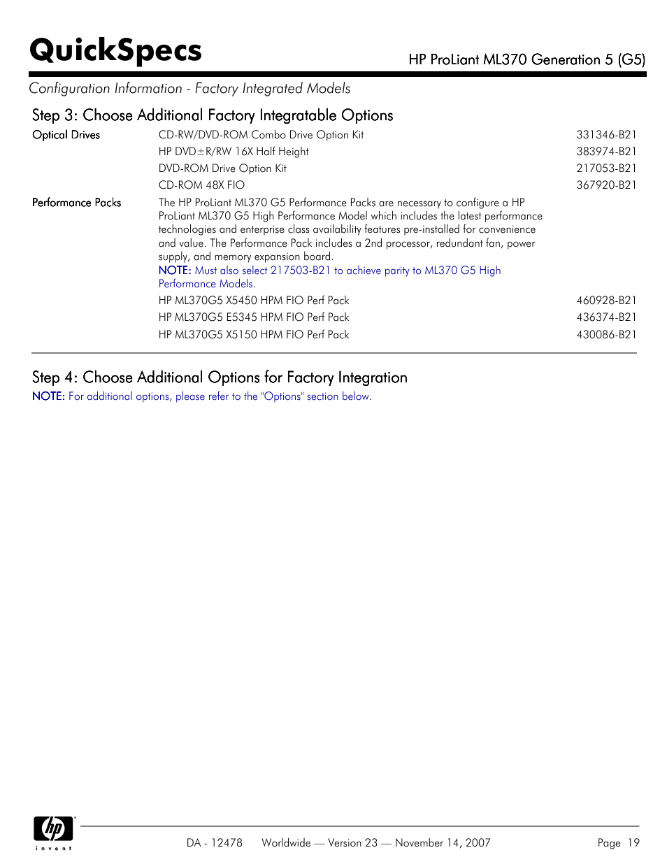 Quickspecs | HP ProLiant ML370 G5 User Manual | Page 19 / 46