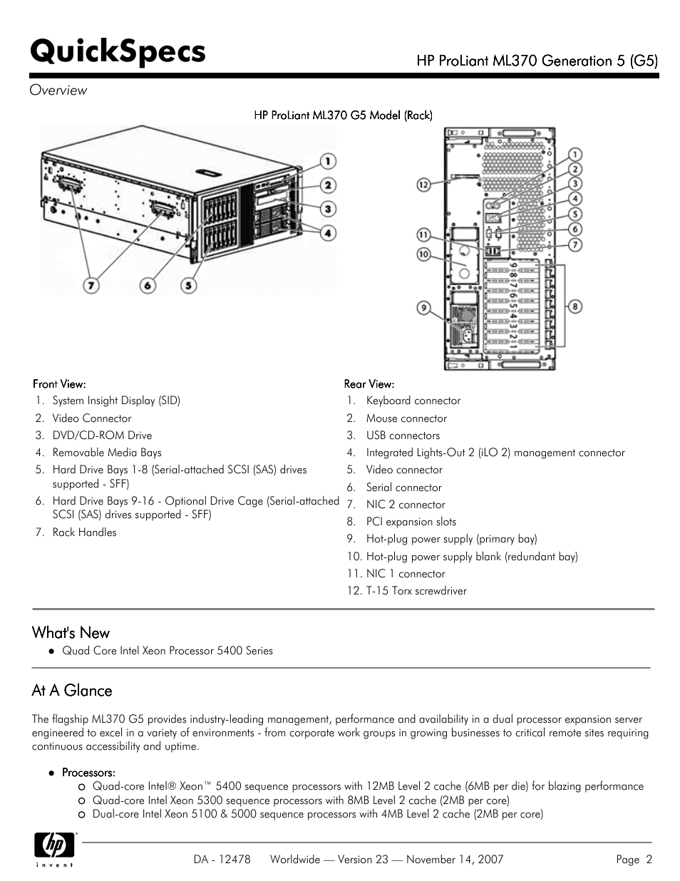 Quickspecs, What's new, At a glance | HP ProLiant ML370 G5 User Manual | Page 2 / 46