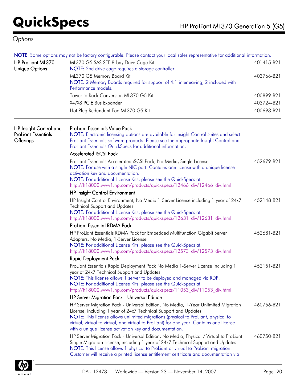 Options, Quickspecs | HP ProLiant ML370 G5 User Manual | Page 20 / 46