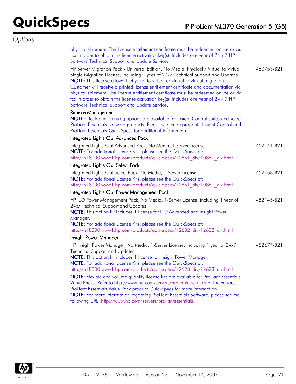 Quickspecs | HP ProLiant ML370 G5 User Manual | Page 21 / 46