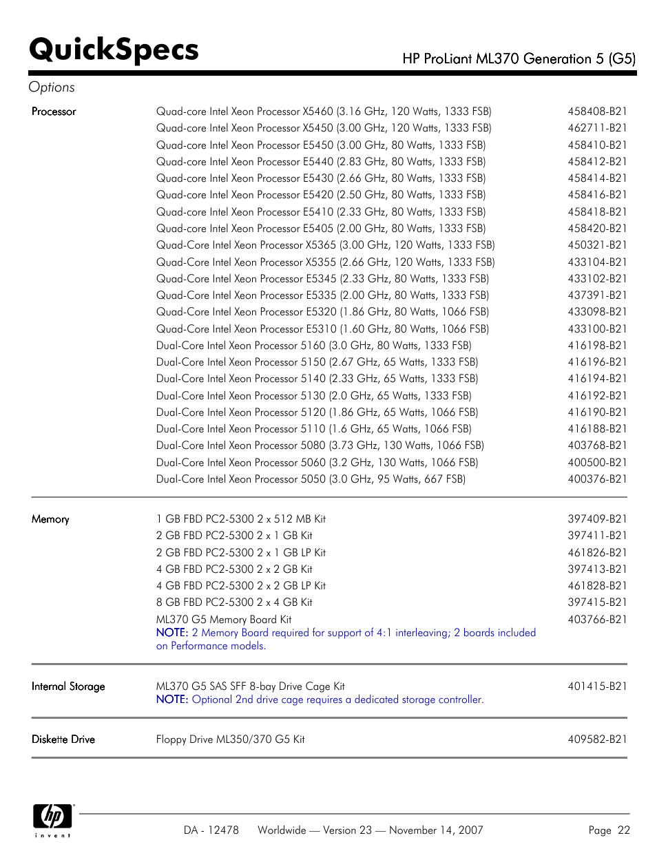 Quickspecs | HP ProLiant ML370 G5 User Manual | Page 22 / 46