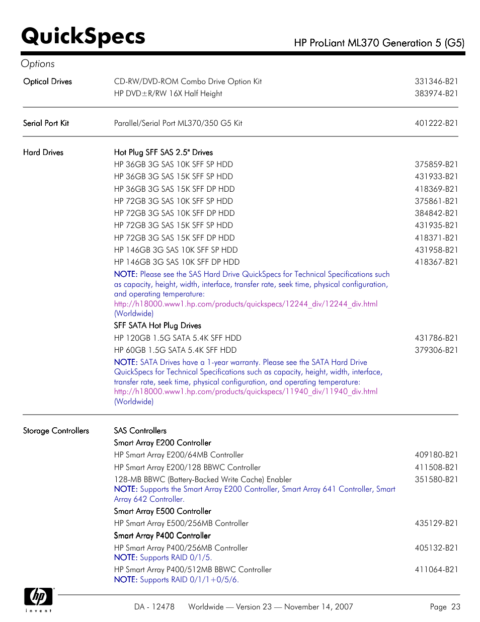 Quickspecs | HP ProLiant ML370 G5 User Manual | Page 23 / 46
