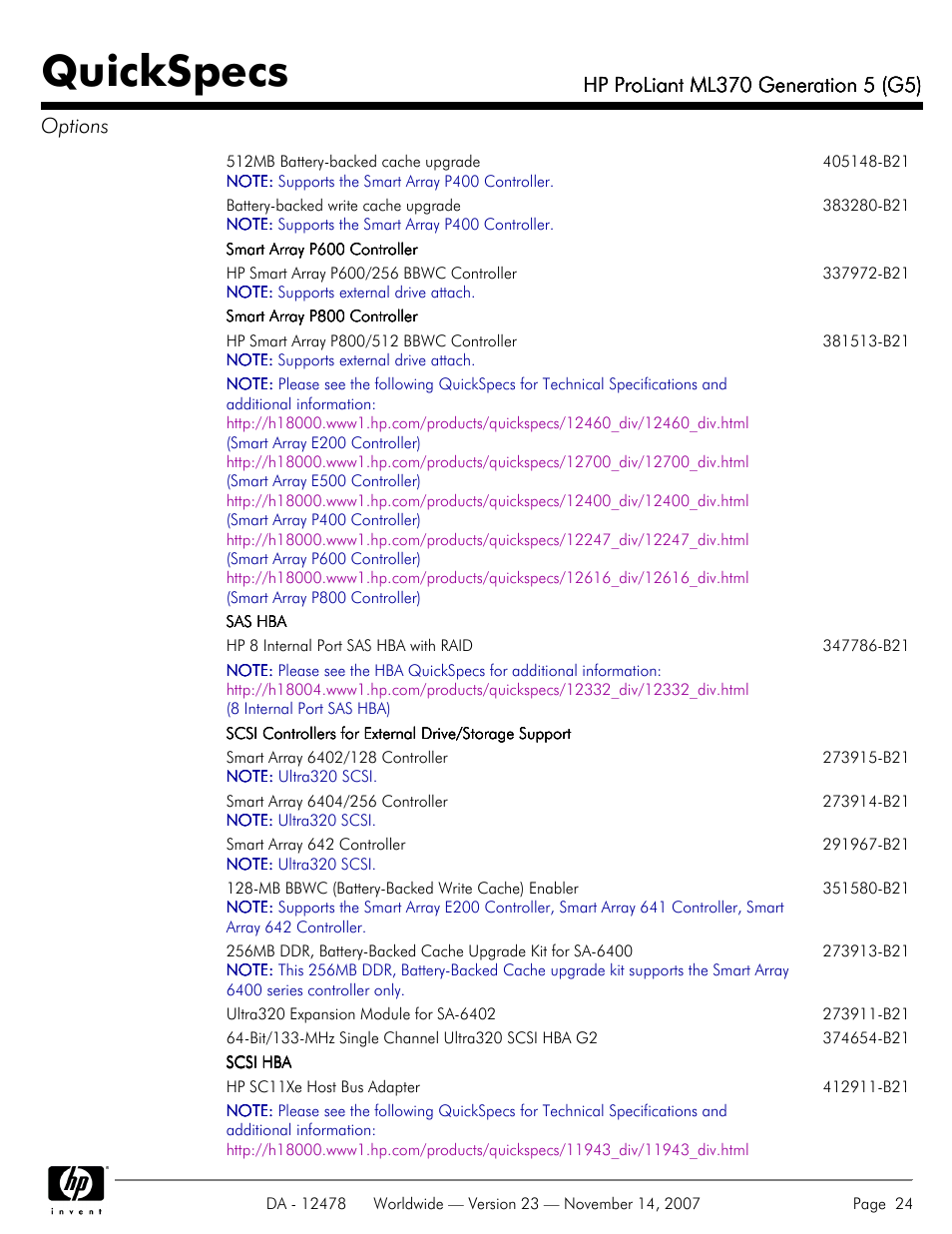 Quickspecs | HP ProLiant ML370 G5 User Manual | Page 24 / 46