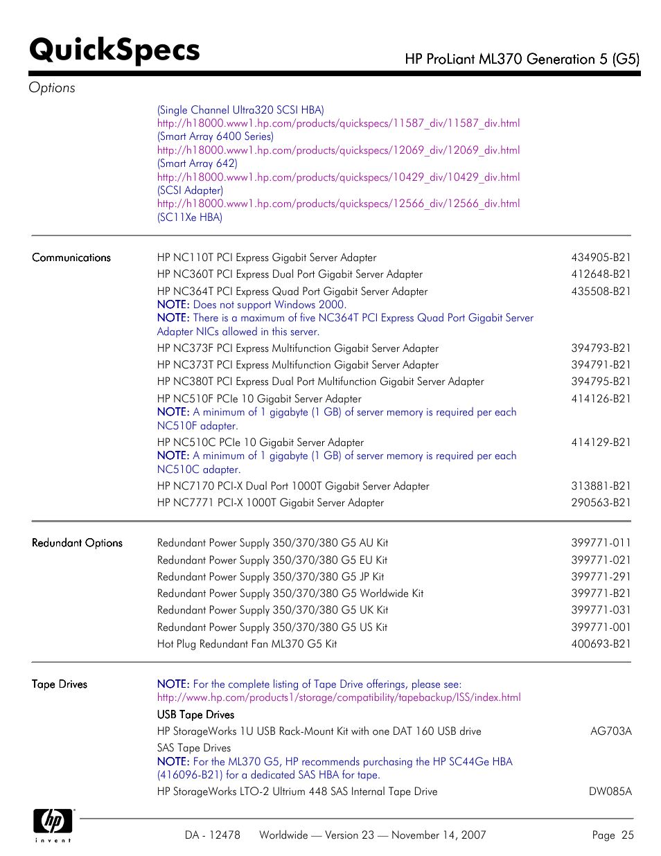 Quickspecs | HP ProLiant ML370 G5 User Manual | Page 25 / 46