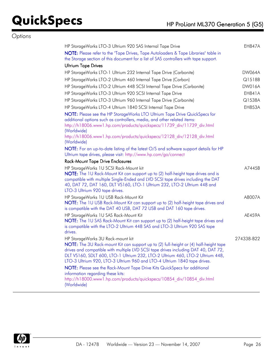 Quickspecs | HP ProLiant ML370 G5 User Manual | Page 26 / 46