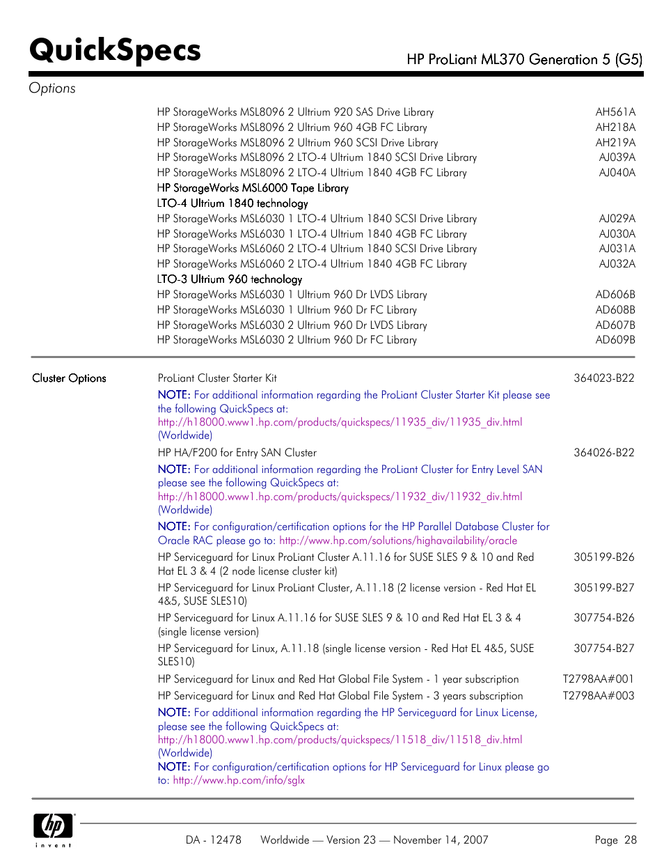 Quickspecs | HP ProLiant ML370 G5 User Manual | Page 28 / 46