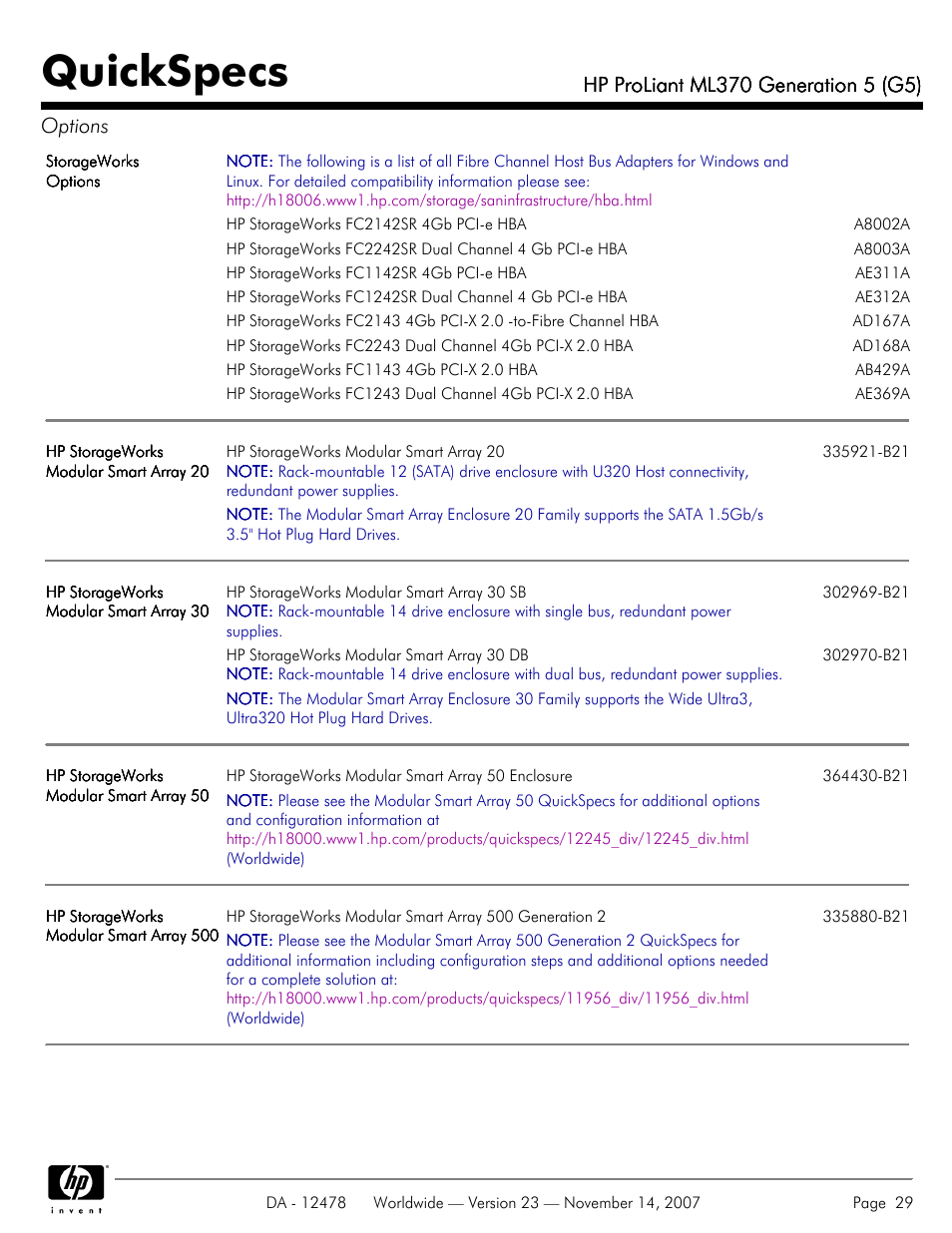 Quickspecs | HP ProLiant ML370 G5 User Manual | Page 29 / 46