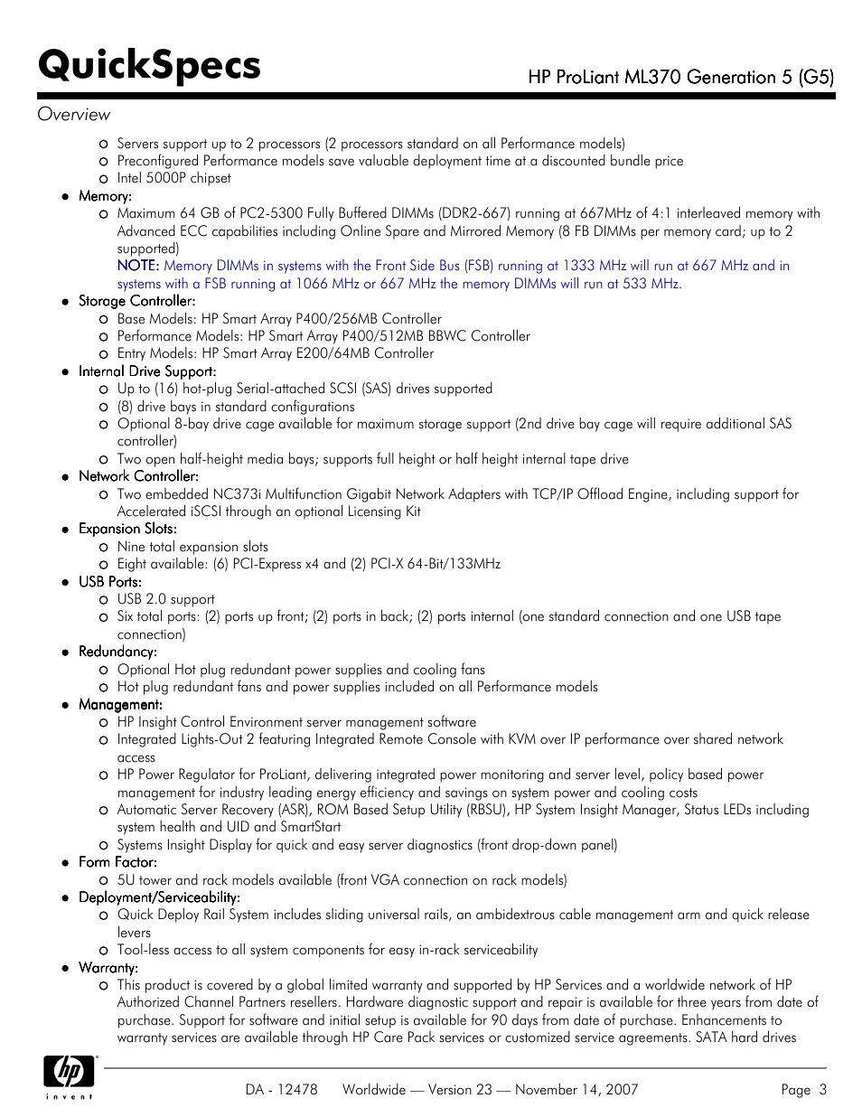 Quickspecs | HP ProLiant ML370 G5 User Manual | Page 3 / 46
