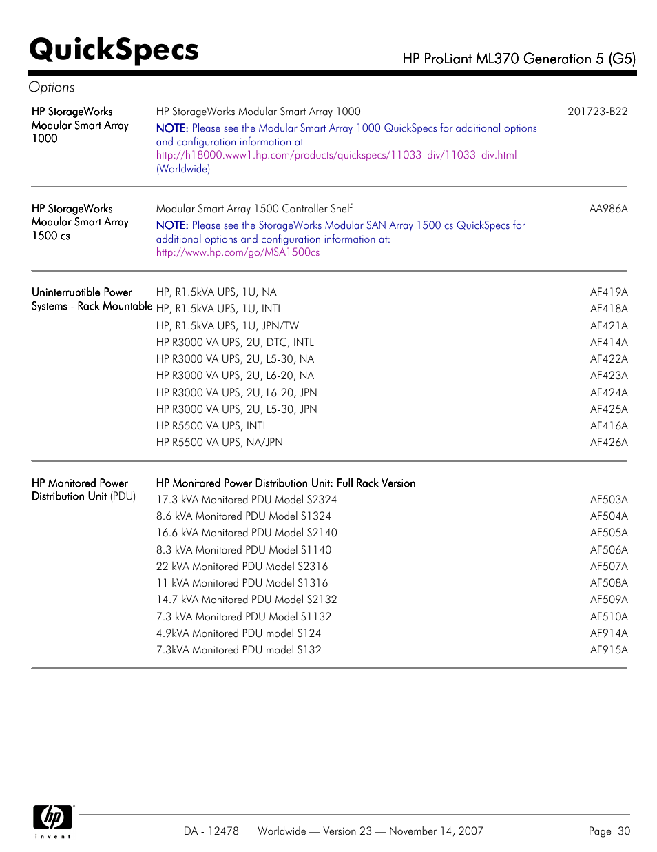 Quickspecs | HP ProLiant ML370 G5 User Manual | Page 30 / 46
