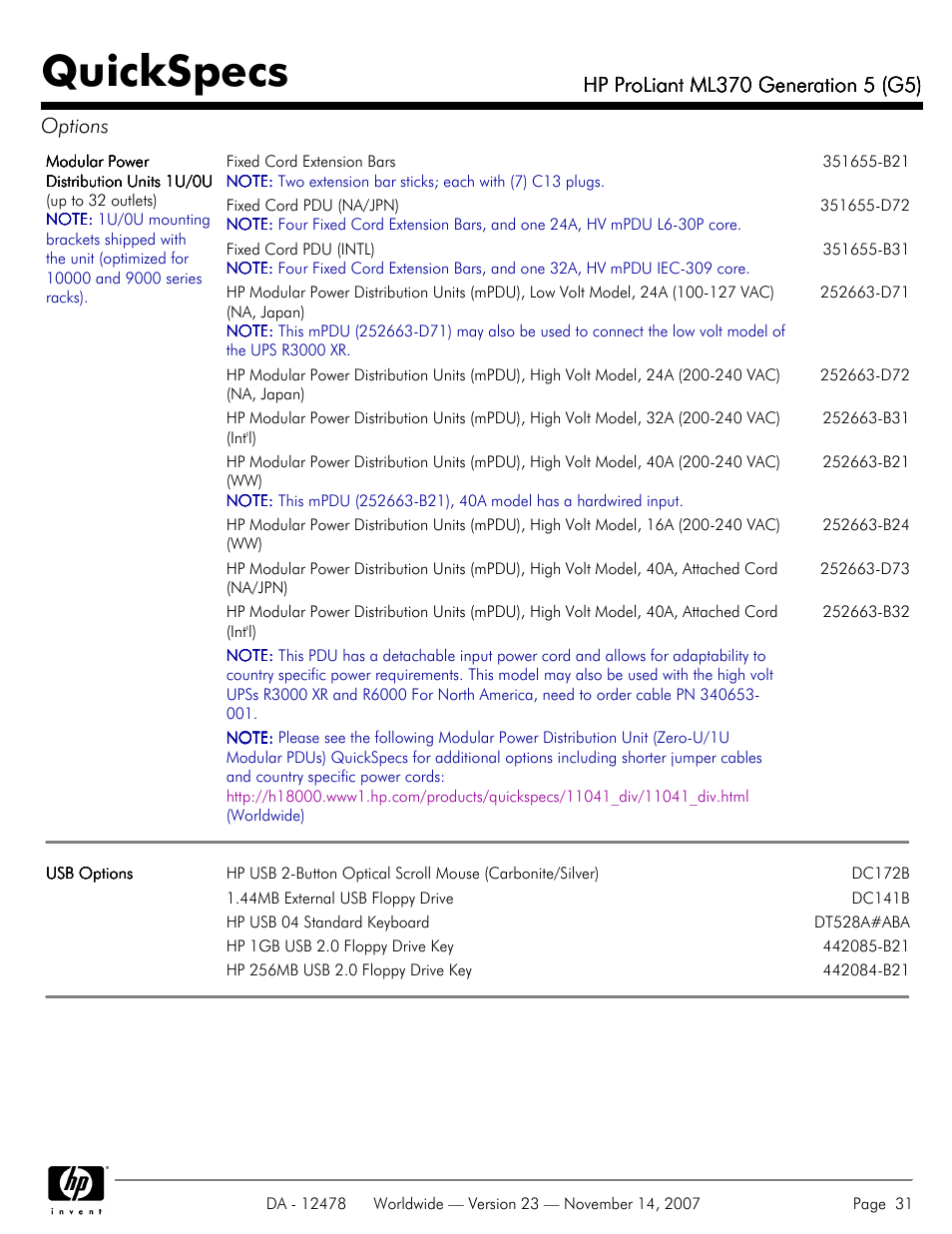 Quickspecs | HP ProLiant ML370 G5 User Manual | Page 31 / 46