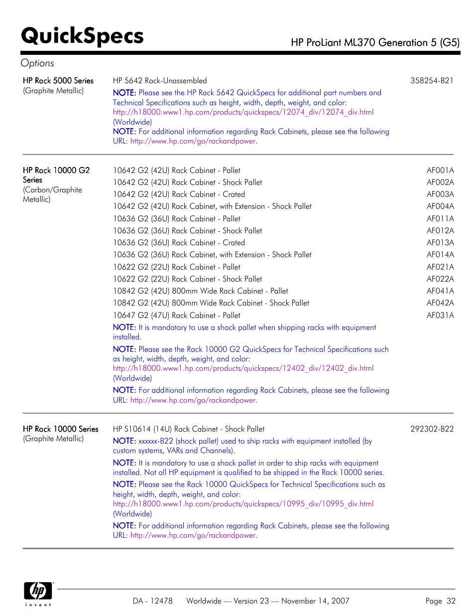 Quickspecs | HP ProLiant ML370 G5 User Manual | Page 32 / 46