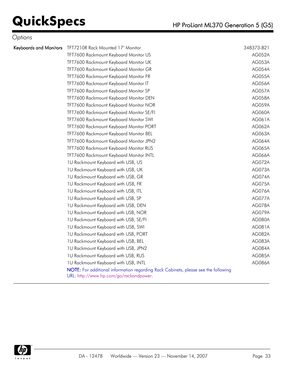 Quickspecs | HP ProLiant ML370 G5 User Manual | Page 33 / 46