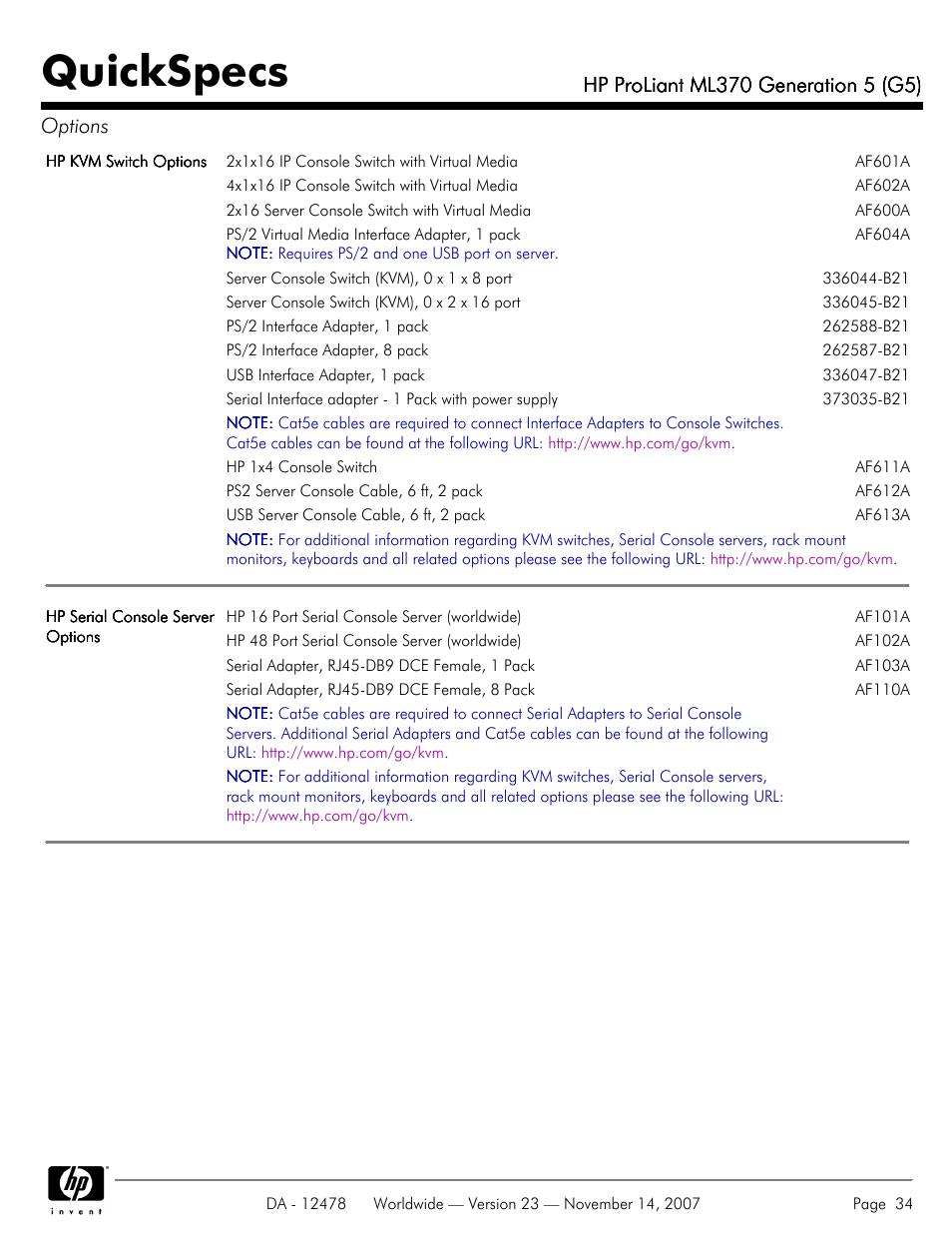 Quickspecs | HP ProLiant ML370 G5 User Manual | Page 34 / 46