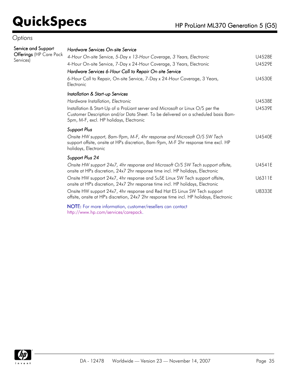 Quickspecs | HP ProLiant ML370 G5 User Manual | Page 35 / 46
