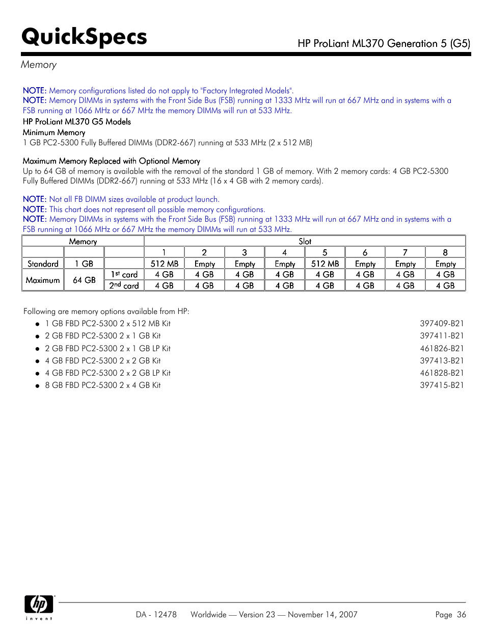 Memory, Quickspecs | HP ProLiant ML370 G5 User Manual | Page 36 / 46
