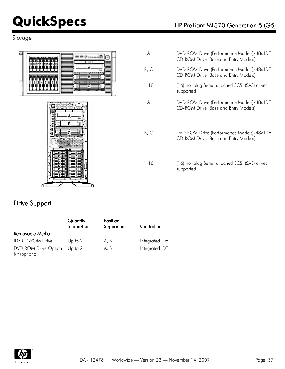 Storage, Quickspecs, Drive support | HP ProLiant ML370 G5 User Manual | Page 37 / 46