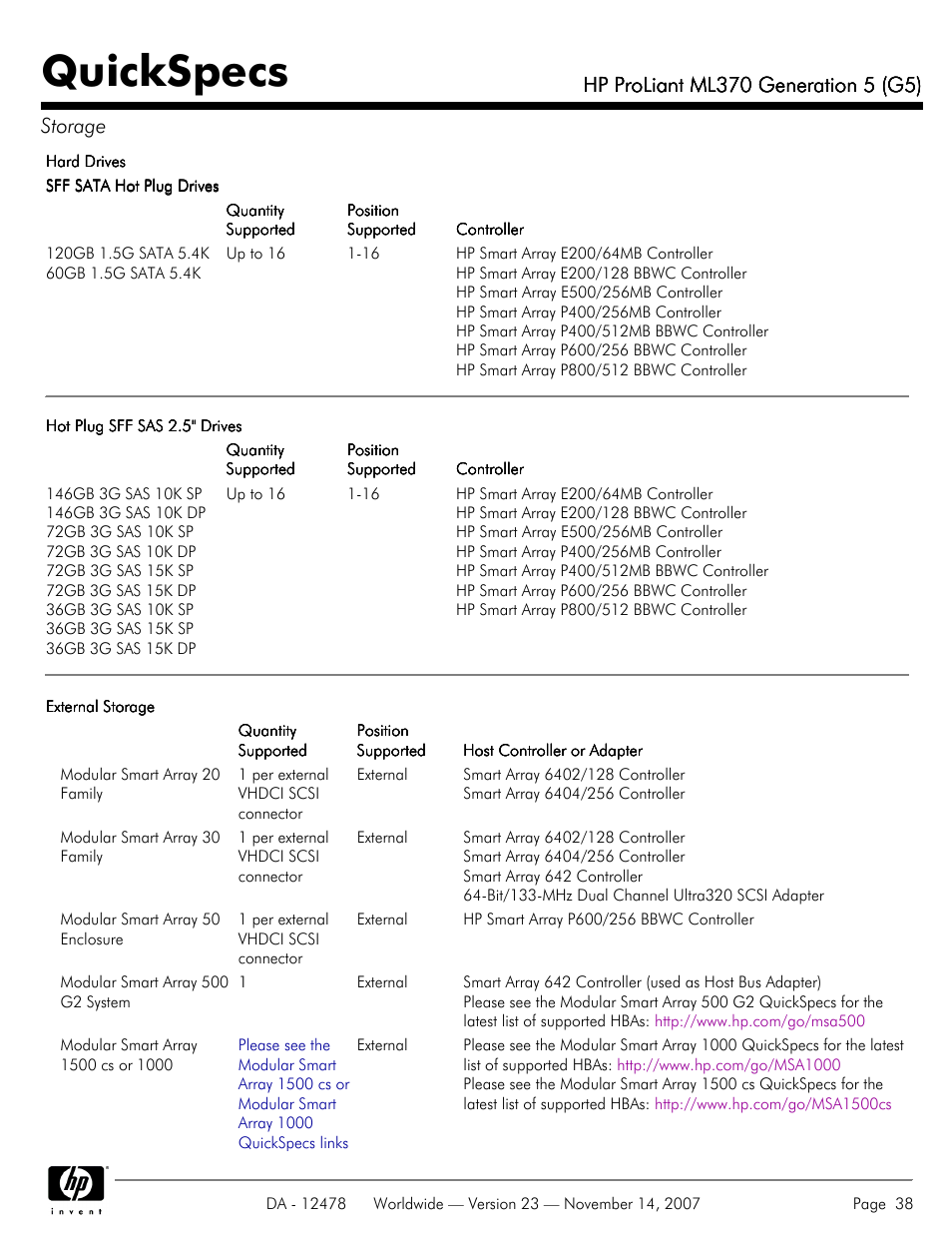 Quickspecs | HP ProLiant ML370 G5 User Manual | Page 38 / 46