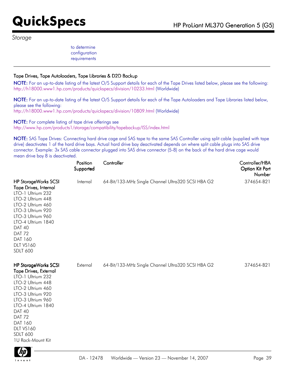 Quickspecs | HP ProLiant ML370 G5 User Manual | Page 39 / 46