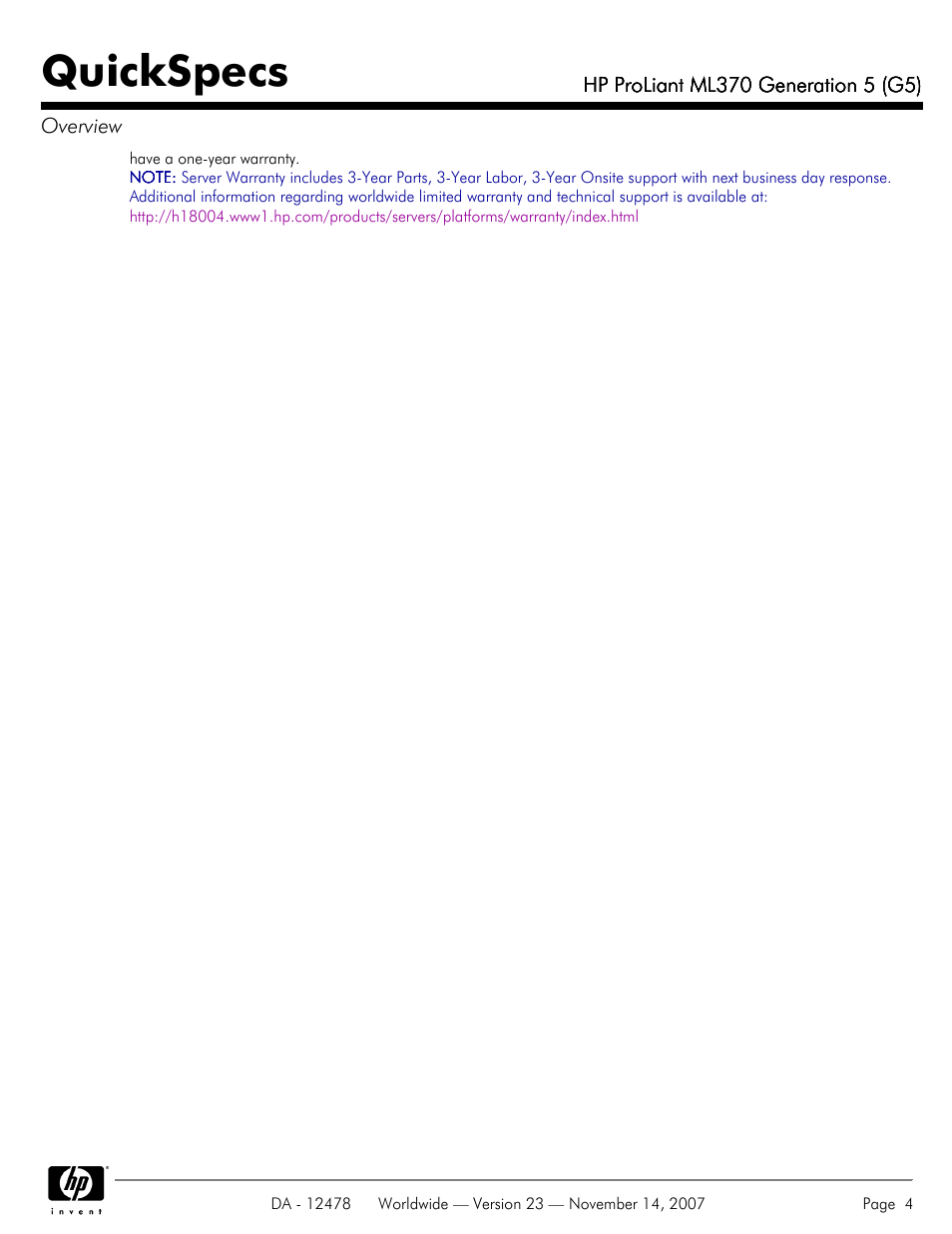Quickspecs | HP ProLiant ML370 G5 User Manual | Page 4 / 46
