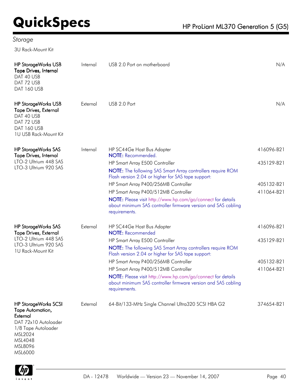 Quickspecs | HP ProLiant ML370 G5 User Manual | Page 40 / 46