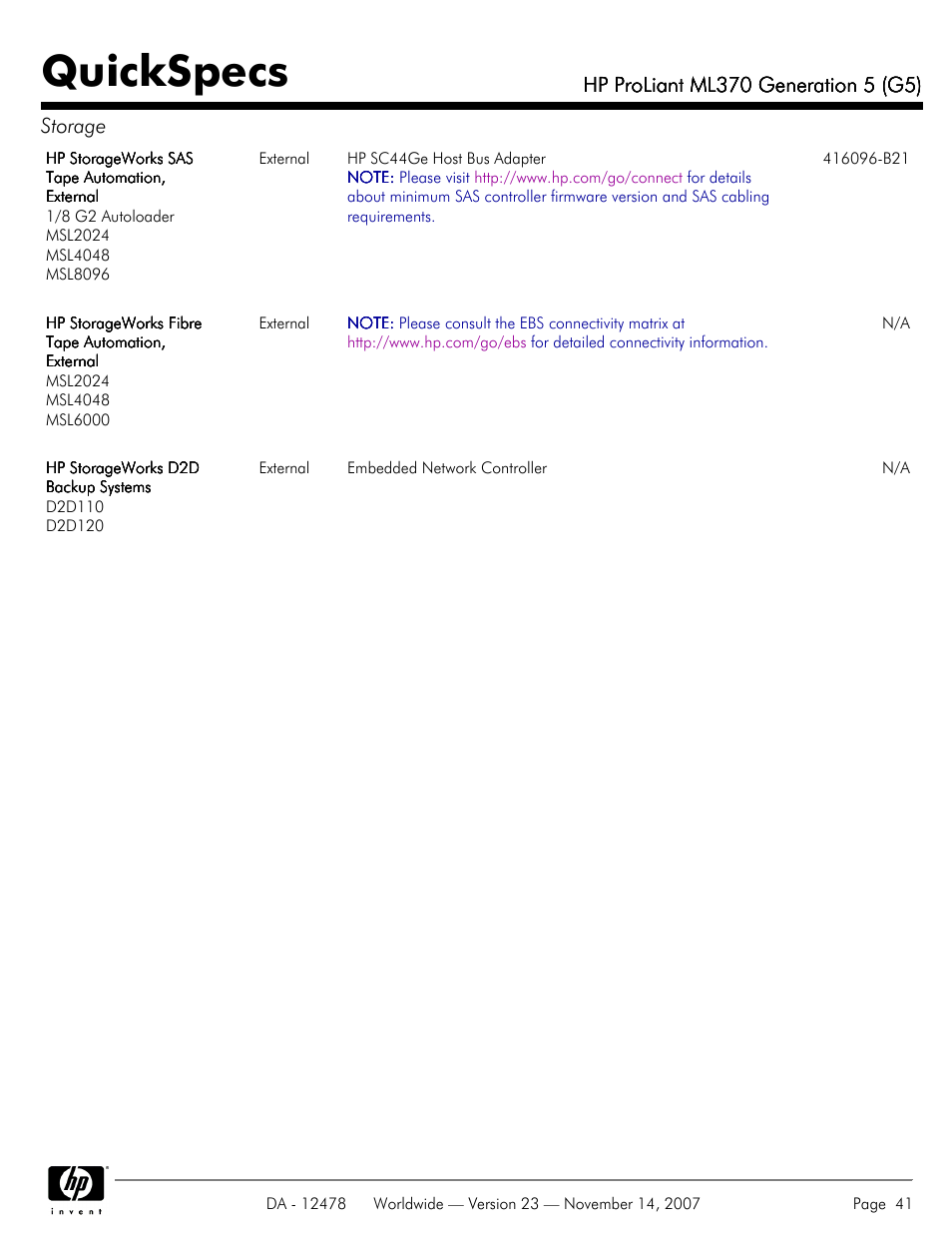 Quickspecs | HP ProLiant ML370 G5 User Manual | Page 41 / 46