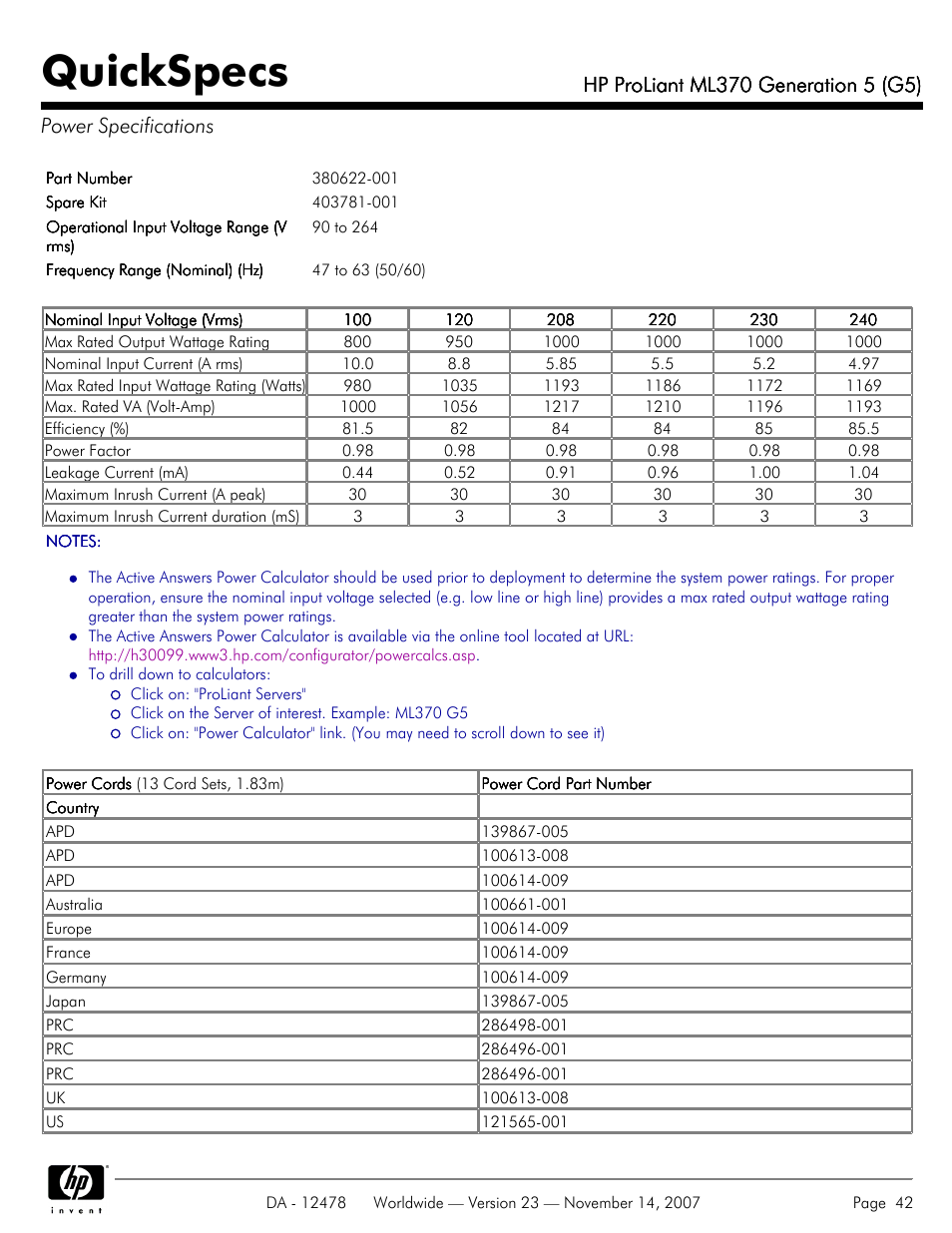 Power specifications, Quickspecs | HP ProLiant ML370 G5 User Manual | Page 42 / 46