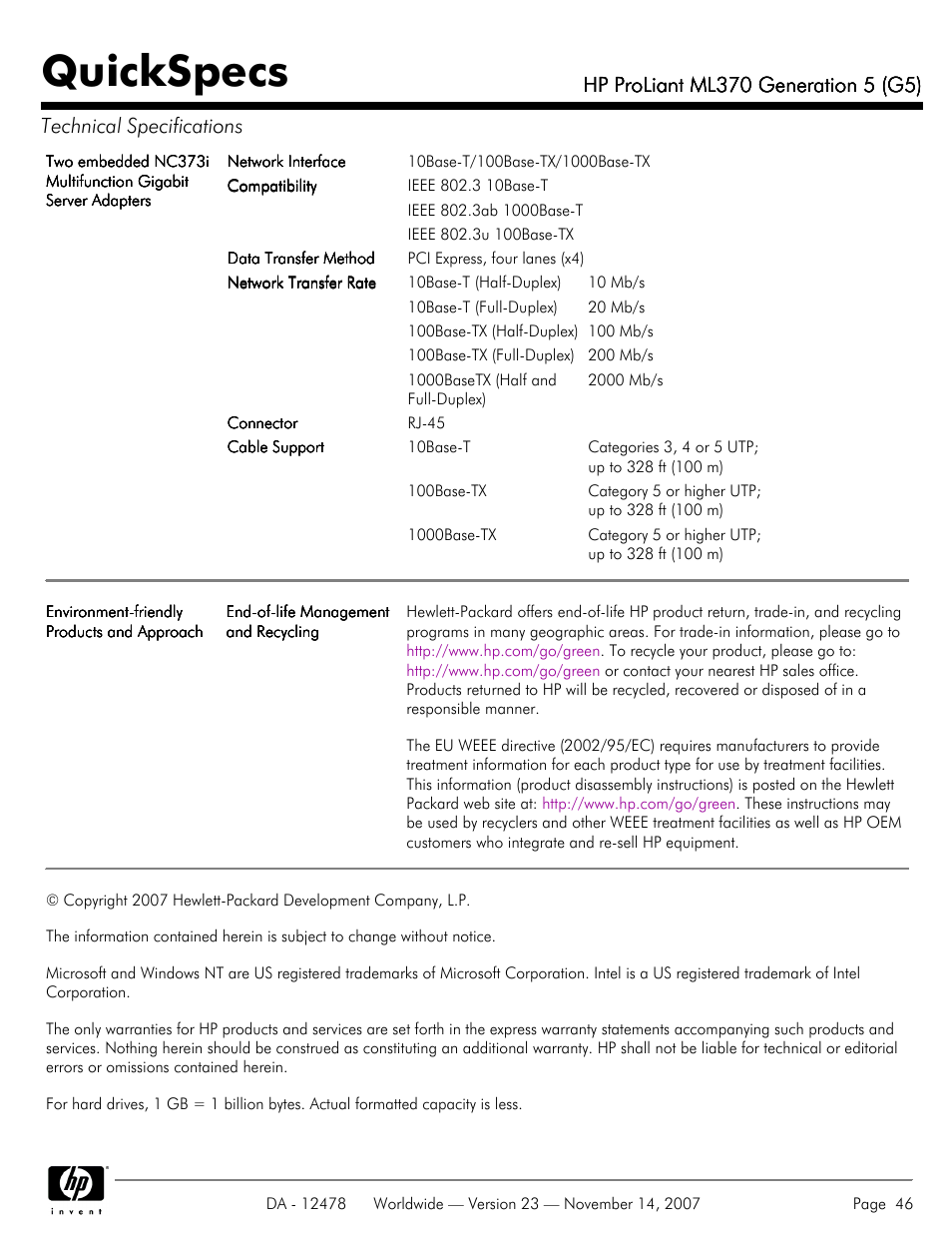Quickspecs | HP ProLiant ML370 G5 User Manual | Page 46 / 46