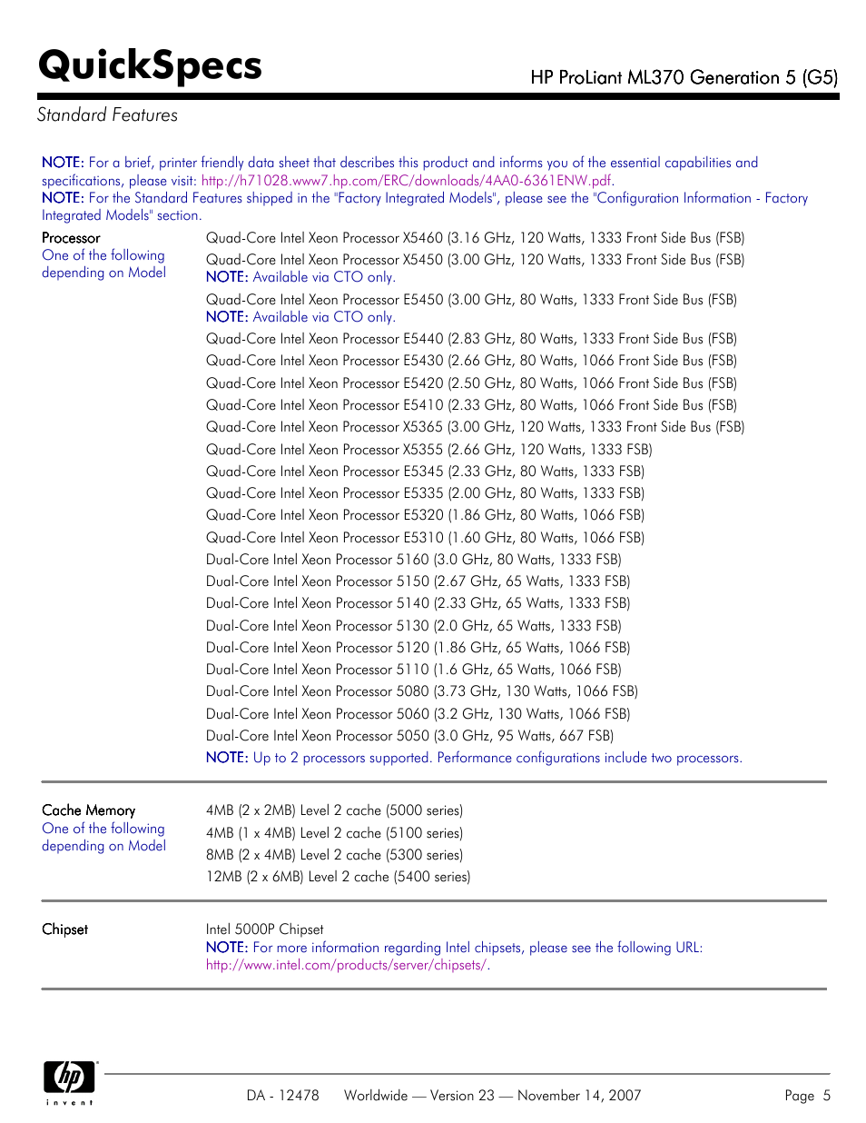 Standard features, Quickspecs | HP ProLiant ML370 G5 User Manual | Page 5 / 46