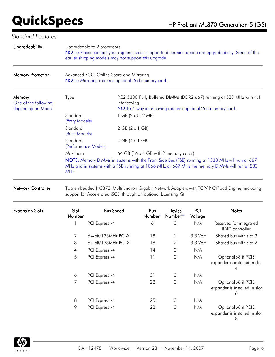 Quickspecs | HP ProLiant ML370 G5 User Manual | Page 6 / 46