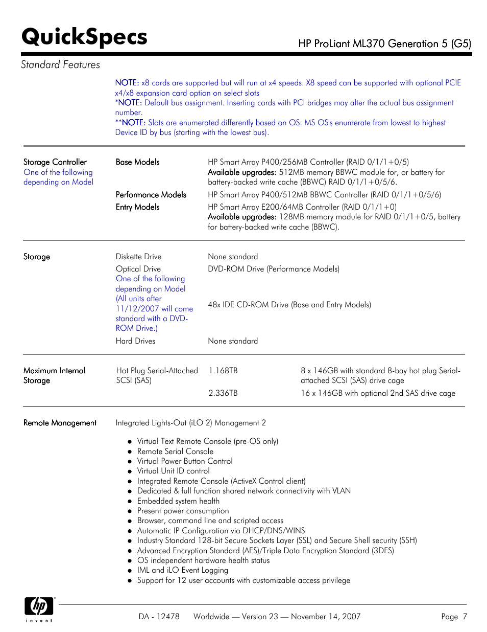 Quickspecs | HP ProLiant ML370 G5 User Manual | Page 7 / 46