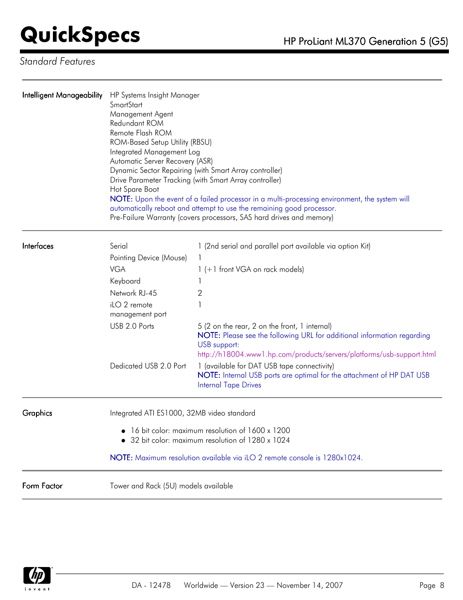 Quickspecs | HP ProLiant ML370 G5 User Manual | Page 8 / 46