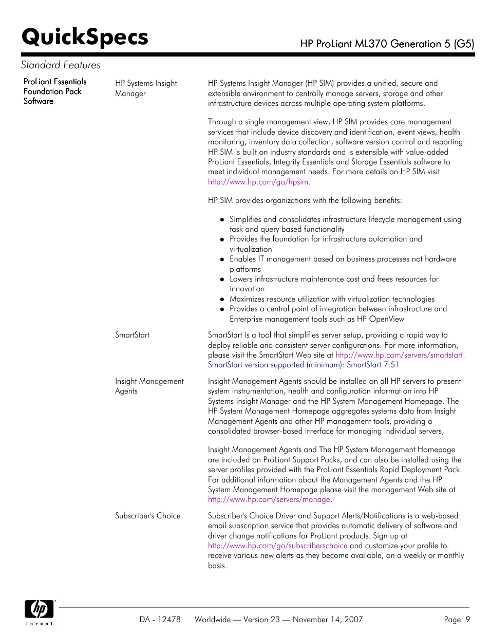 Quickspecs | HP ProLiant ML370 G5 User Manual | Page 9 / 46