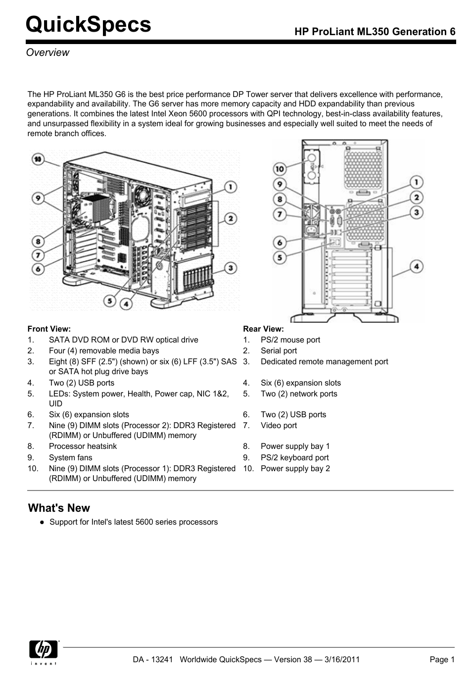 HP PROLIANT ML350 G6 User Manual | 54 pages