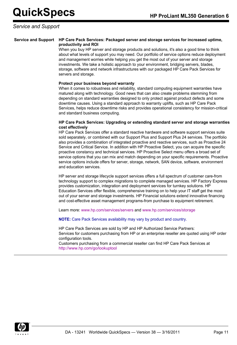Service and support, Quickspecs | HP PROLIANT ML350 G6 User Manual | Page 11 / 54