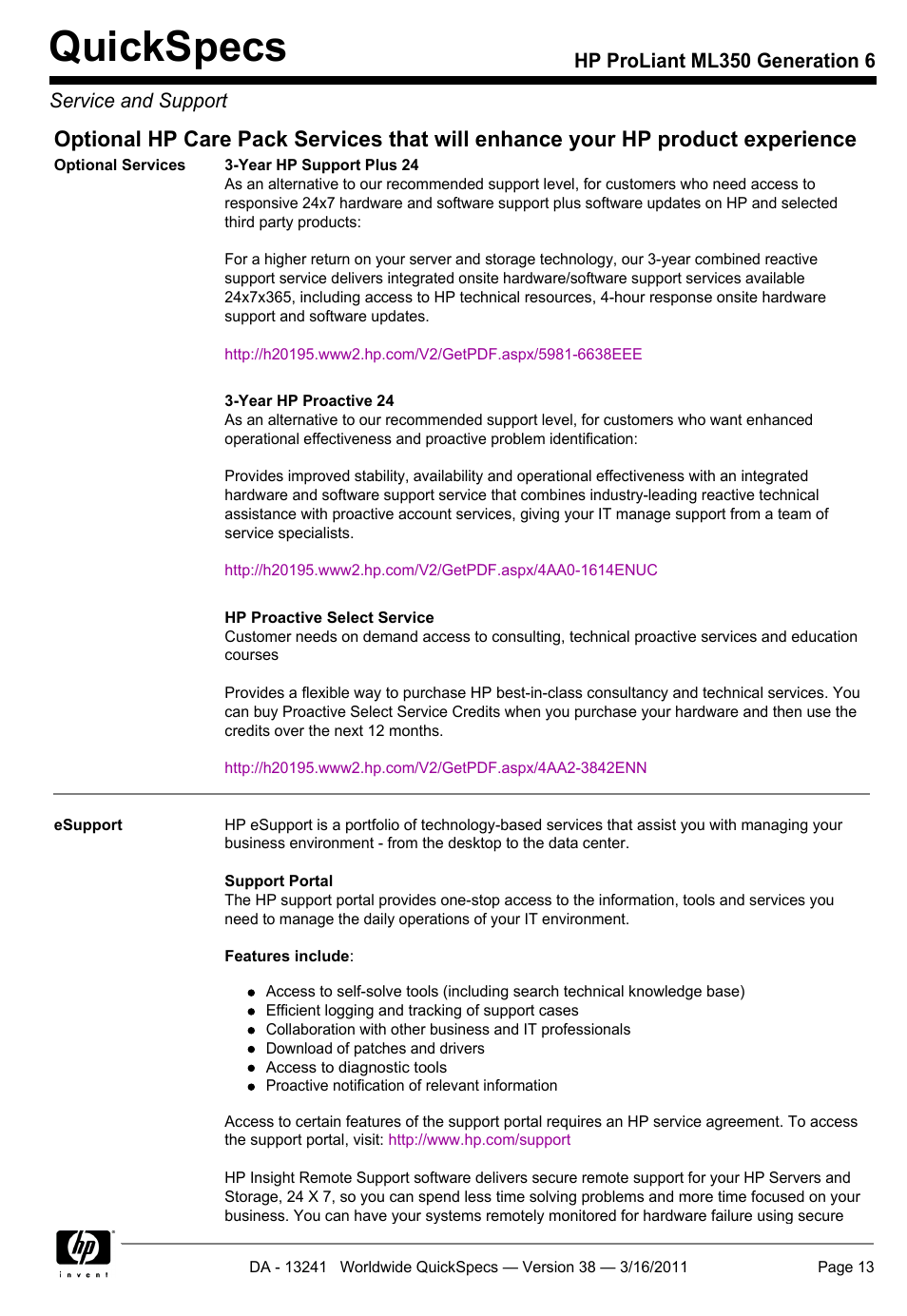 Quickspecs | HP PROLIANT ML350 G6 User Manual | Page 13 / 54