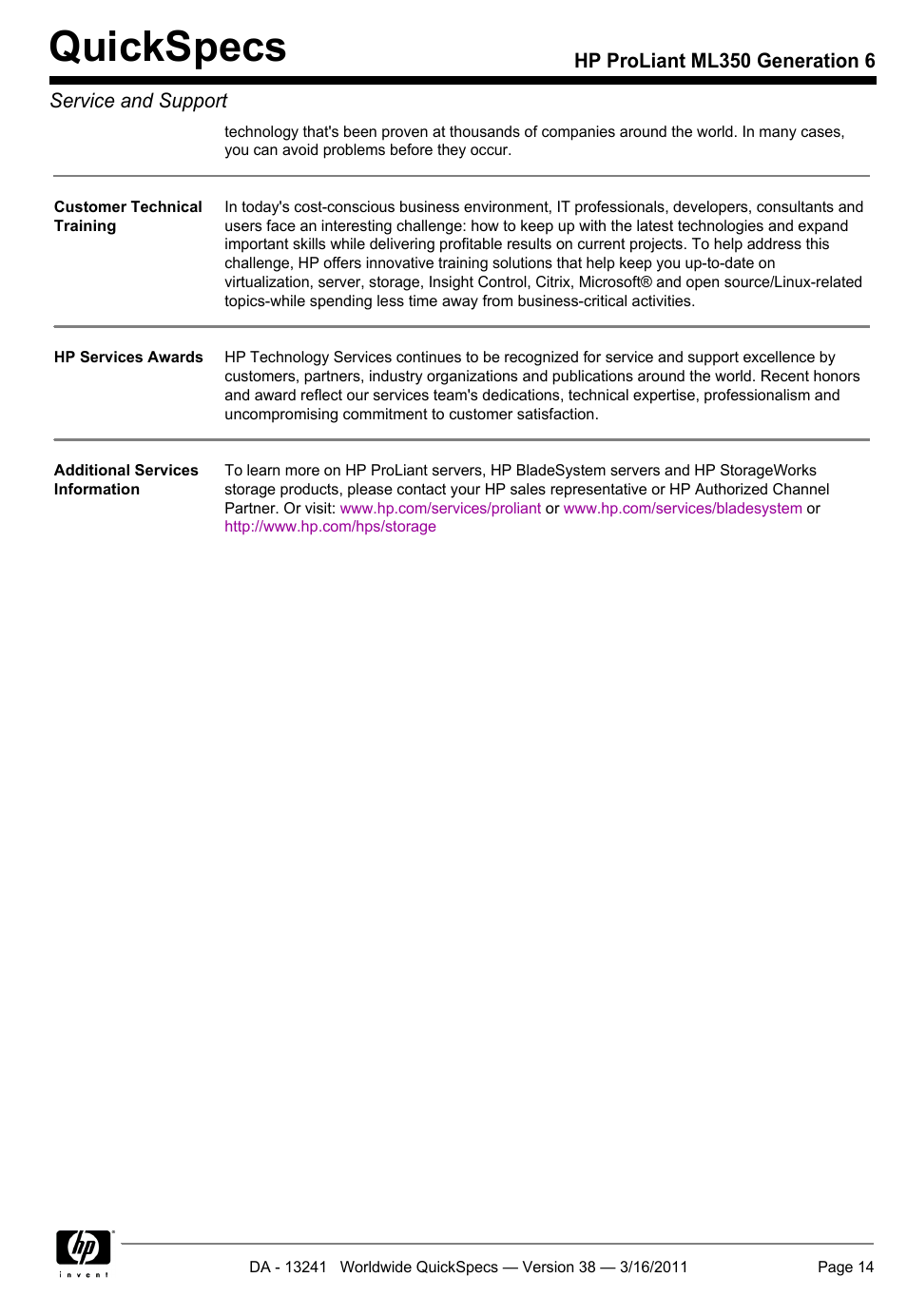 Quickspecs | HP PROLIANT ML350 G6 User Manual | Page 14 / 54
