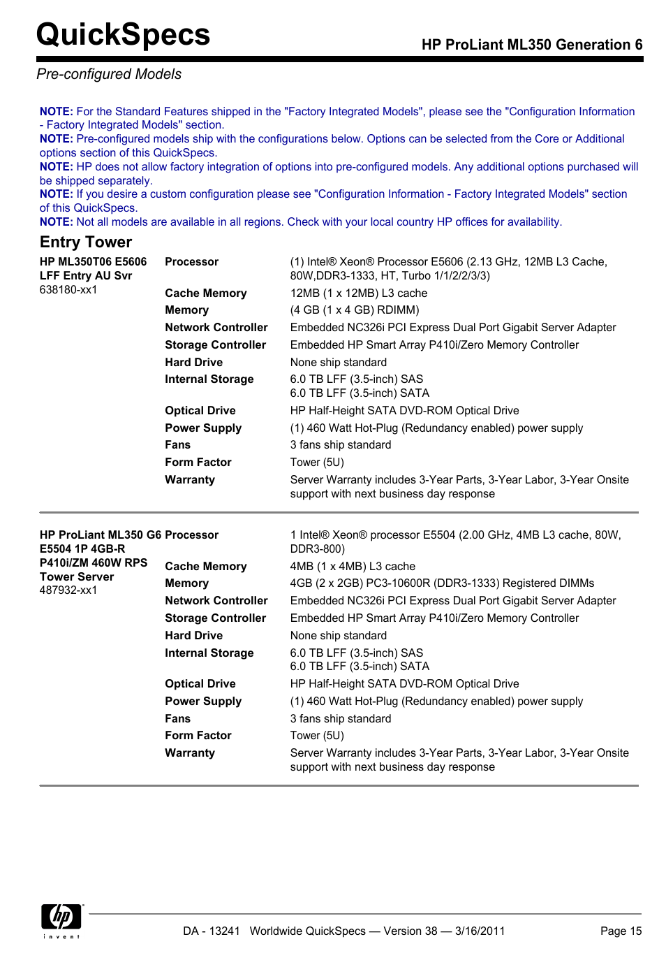 Pre-configured models, Quickspecs, Entry tower | HP PROLIANT ML350 G6 User Manual | Page 15 / 54