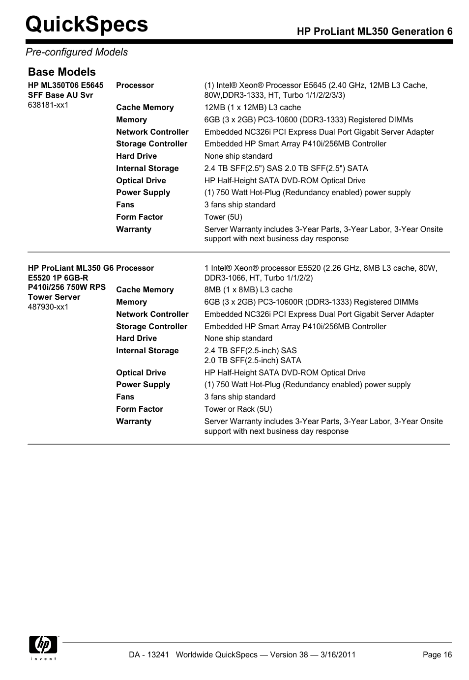 Quickspecs, Base models | HP PROLIANT ML350 G6 User Manual | Page 16 / 54