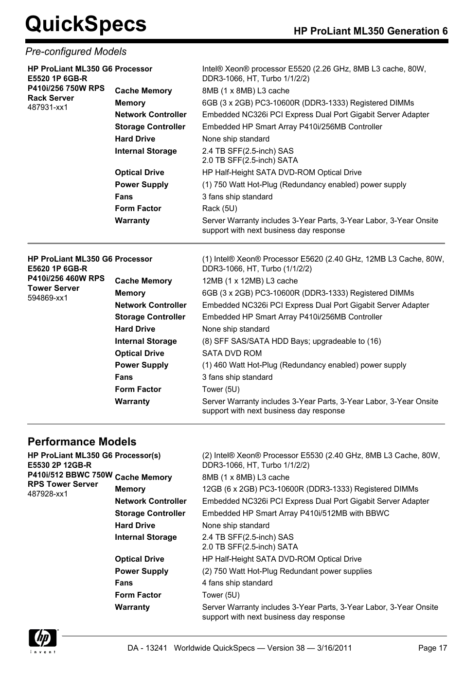 Quickspecs, Performance models | HP PROLIANT ML350 G6 User Manual | Page 17 / 54