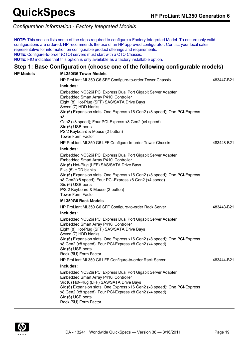 Quickspecs | HP PROLIANT ML350 G6 User Manual | Page 19 / 54