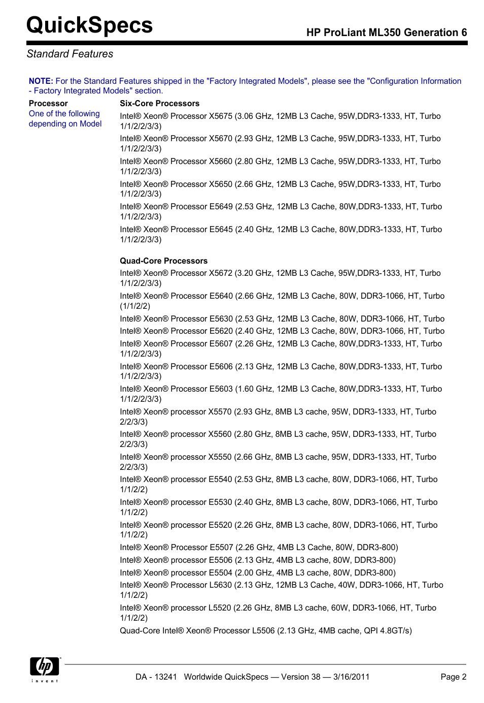 Standard features, Quickspecs, Hp proliant ml350 generation 6 standard features | HP PROLIANT ML350 G6 User Manual | Page 2 / 54